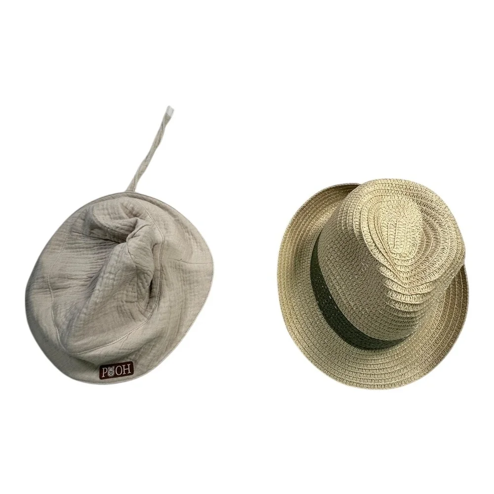 Disney Baby Straw Fedora & POOH Tan Cotton Bucket Hat 18M Infant Summer Sun